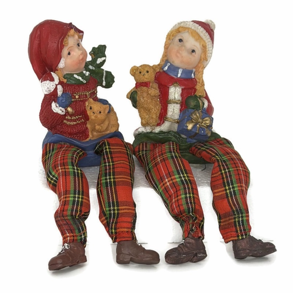 Ceramic Figurines with Teddy Bears Plaid Pants